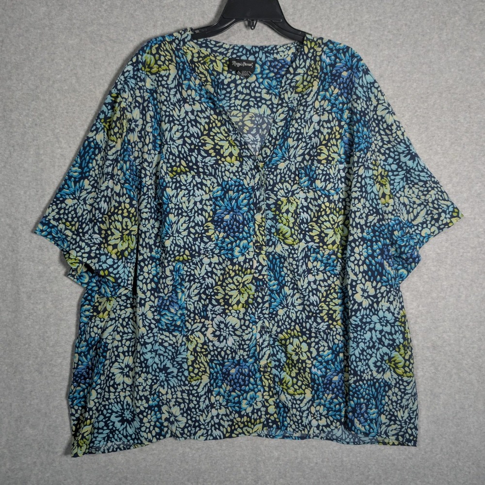 Maggie Barnes Womens 5X Blue Floral Button Front Blouse Short Sleeve Vibrant